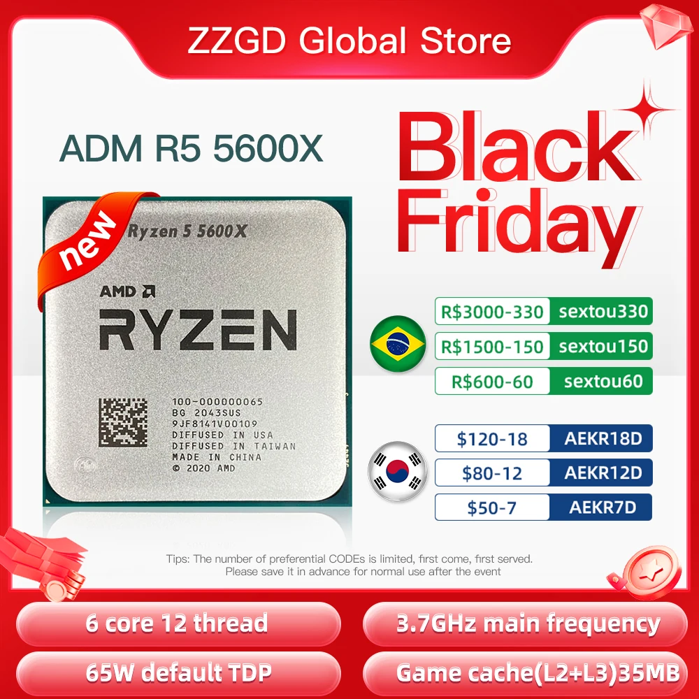  AMD Ryzen 5 5600X R5 5600X 3.7 GHz Six-Core twelve-Thread 65W CPU Processor L3=32M 100-000000065 Socket AM4 no fan