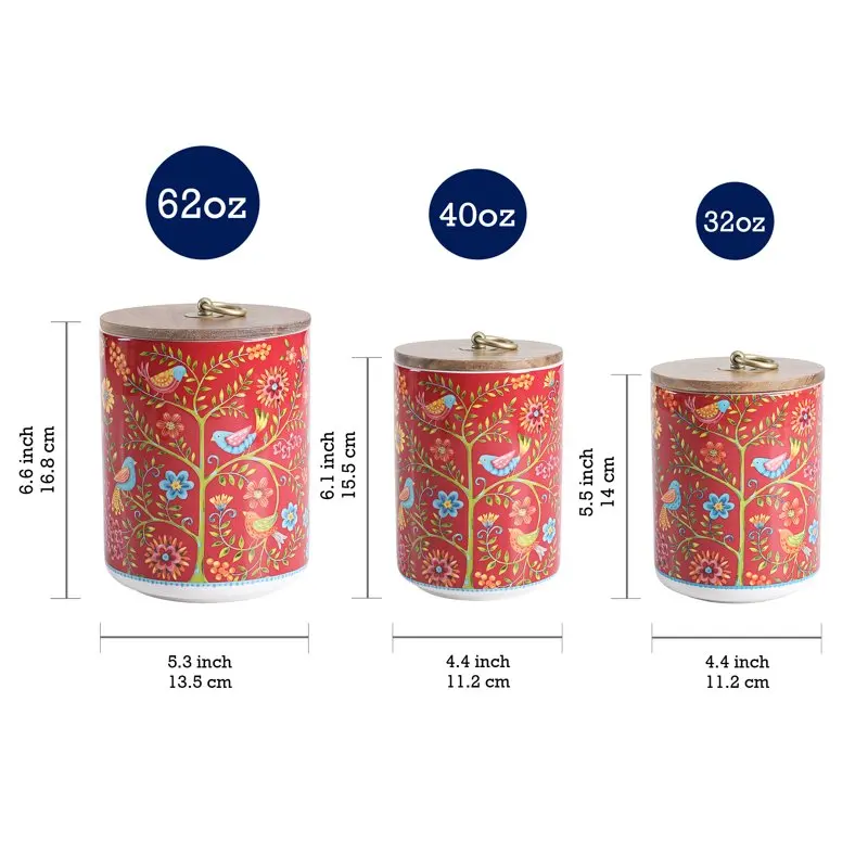 

. Beautiful Red Spring Bird Ceramic Canister Set of 3 - 62oz, 40oz & 32oz each - Wooden Air Tight Lid, Perfect for Food Storage