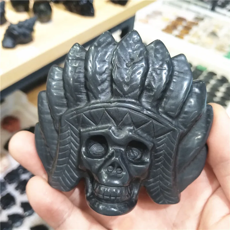 

Natural Stone Black Obsidian Handmade Carved Obsidian Indian Chief Skulls Carving Powerful Statue For Ornament