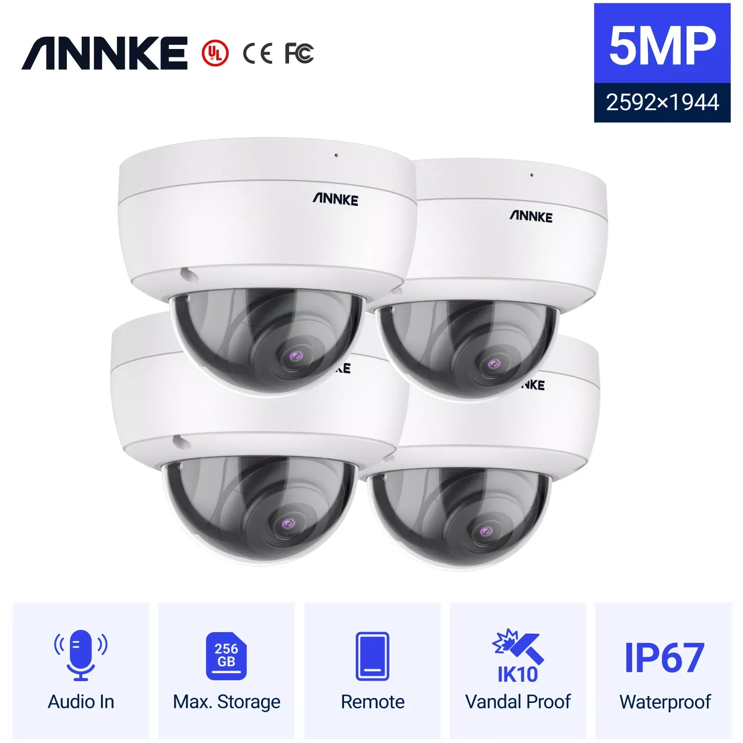 

C500 4PCS 5MP Security Surveillance System Camera Built-Mic Audio IP67 Recording Waterproof Full Color Camera Kit