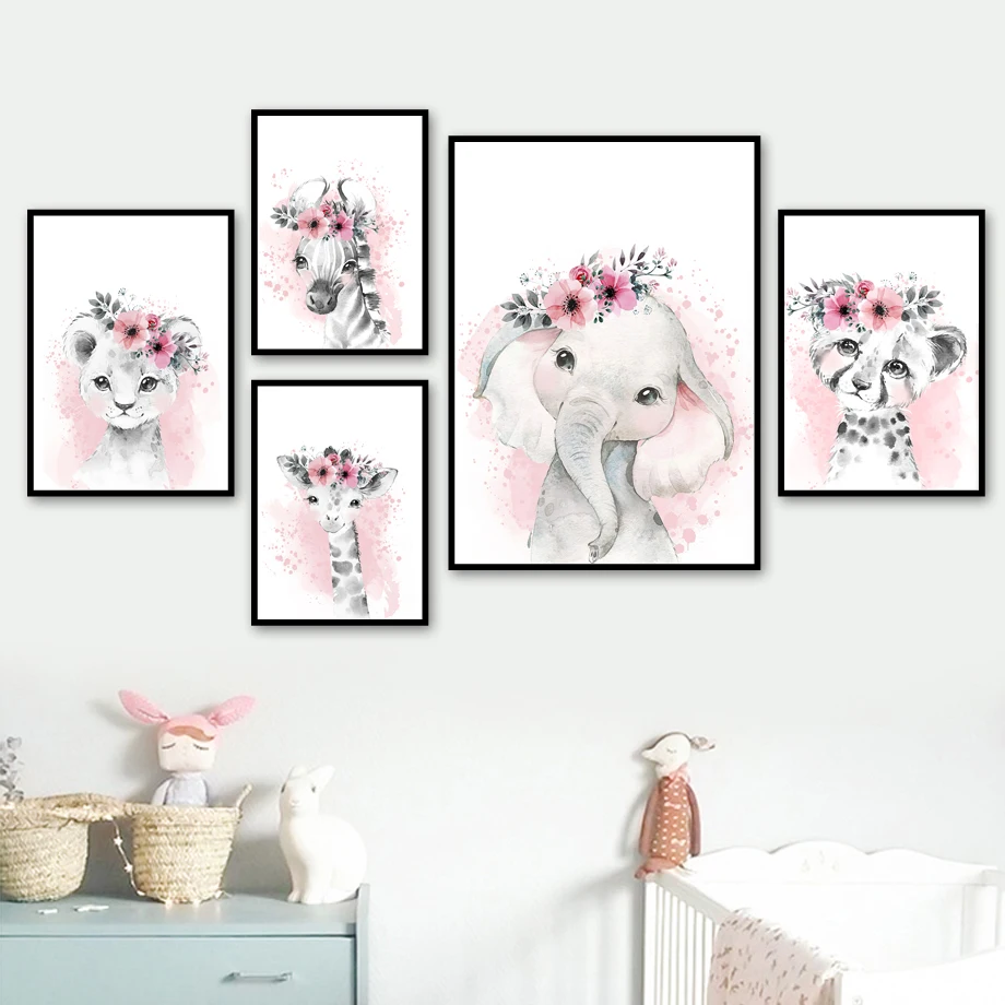 

Cute Jungle Animals Nordic Posters Giraffe Elephant Lion Leopard Zebra Wall Art Canvas Painting Wall Pictures Kids Room Decor