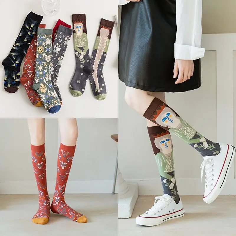 Calf socks European and American ins abstract art knee-length beautiful legs long combed cotton tide socks