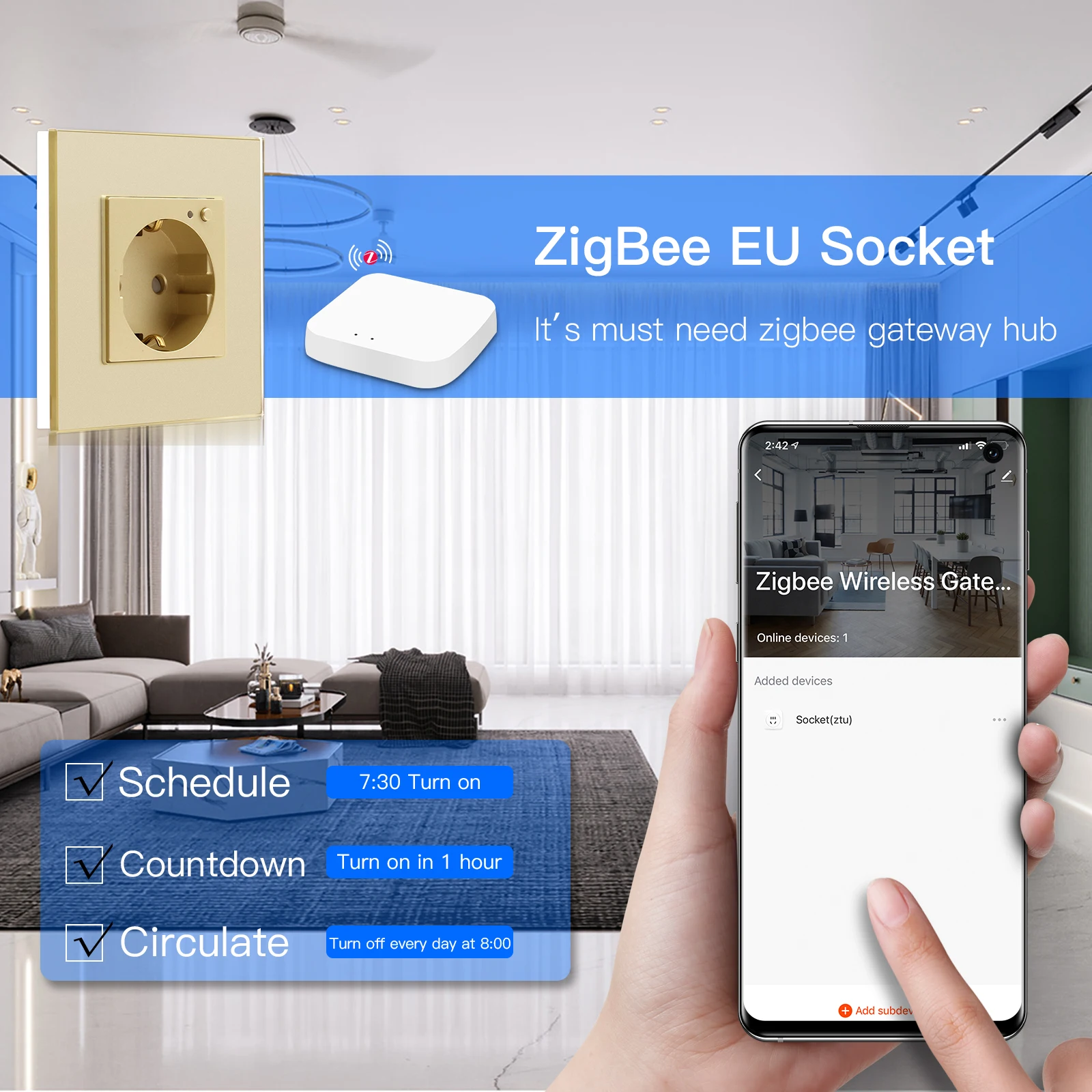 Фото Смарт-розетка настенная Zigbee, 220 В, 16 А, с подсветкой №4