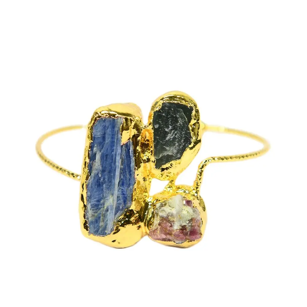 

GG Jewelry Natural Blue Kyanite Gold Plated Rough Bangle Tourmaline Paved 24K Cuff Bracelet Women Party Jewelry