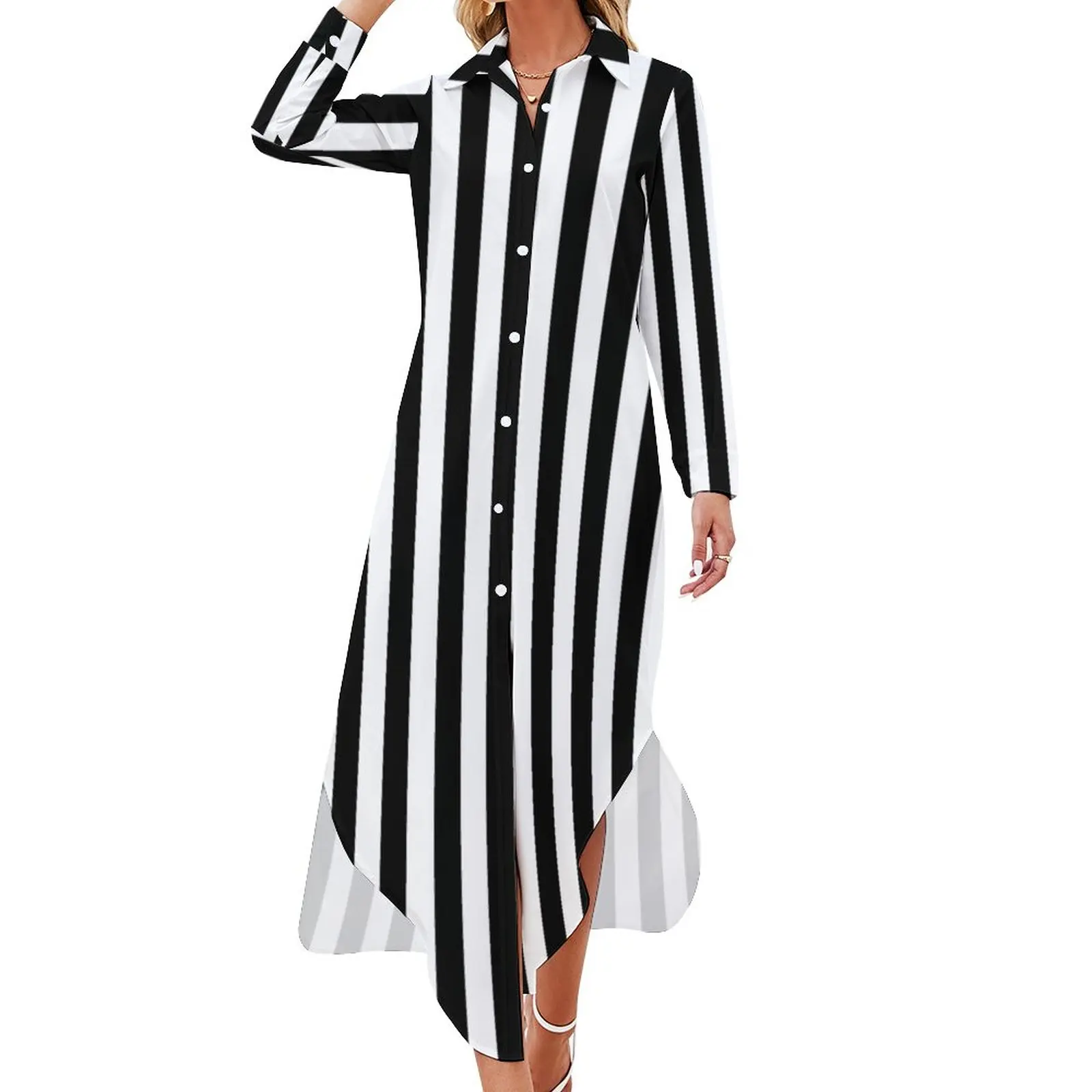 

Vintage Striped Print Chiffon Dress Black White Stripes Festival Dresses Street Fashion Casual Dress Woman Sexy Pattern Clothing