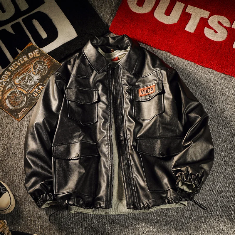 

Black Leather Spring And Autumn Multi-pocket Lapel Jacket Trendy Handsome Casual Loose Retro Men's