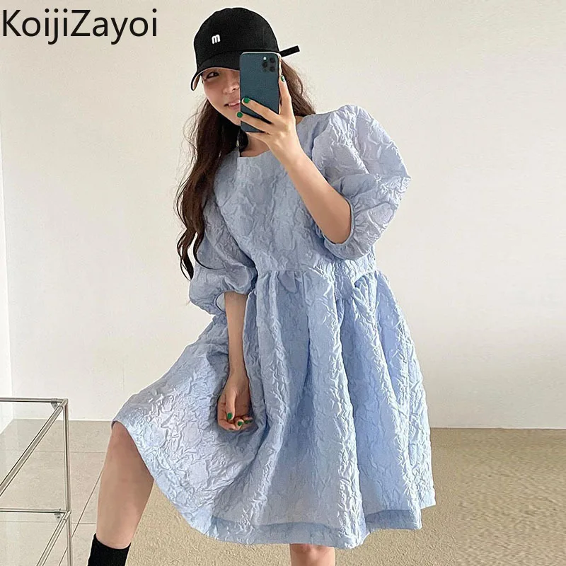 

Модное женское милое синее платье миди Koijizayoi с круглым вырезом, приталенные Плиссированные Свободные платья, летние платья с рукавами-фона...
