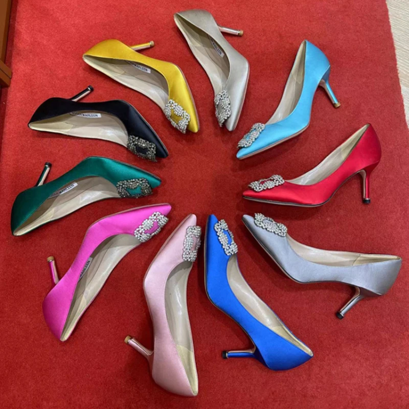 High Material Classic Rhinestone Pointed Silk Temperament High Heel Single Shoes Women's Button Shallow Flat Wedding Shoes