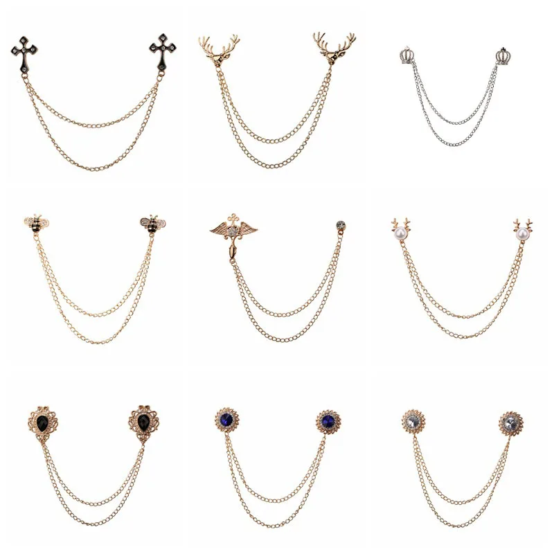 

New Crystal Rhinestone Cross Brooches Pearl Crown Tassel Chain Collar Pins Suit Shirt Badge Wedding Party Jewelry Accessories