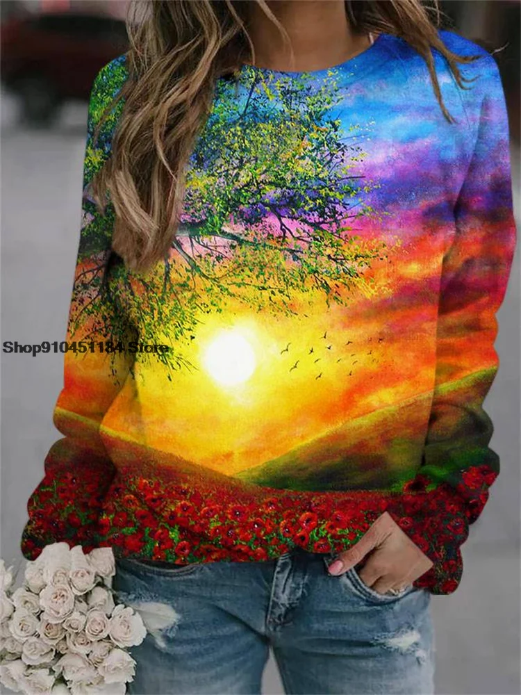 

Autumn Women's Wear Natural Landscape Flowers 3D Print Raglan Long Sleeve Tops Casual O-Neck Loose Female Harajuku Pullover