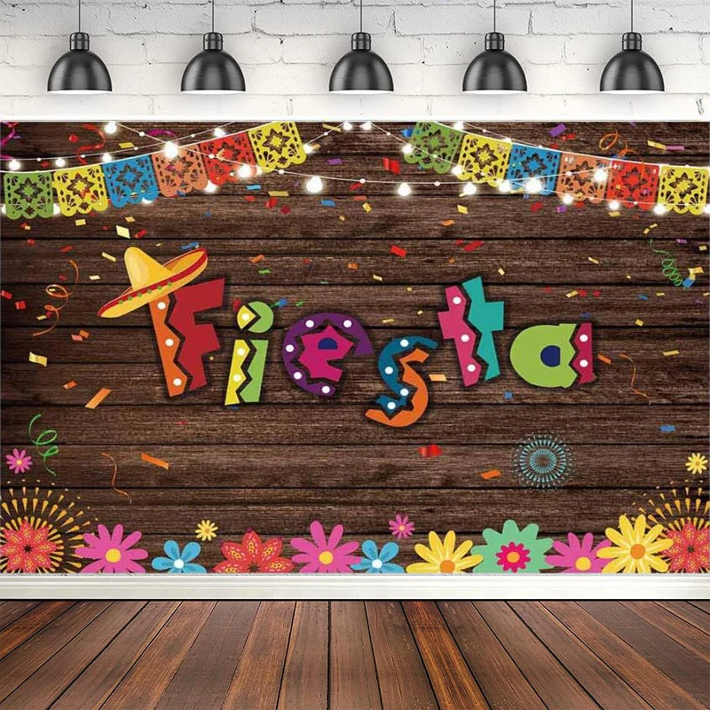 

Fiesta Mexican Theme Birthday Party Photography Backdrop Wood Floor Background Cinco De Mayo Colorful Flags Decorations Banner