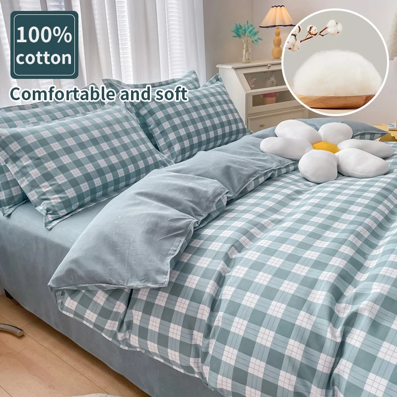 

100% Cotton Green Plaid Bedding Set,Nordic Bed Cover 90,Skin Friendly, Duvetcover&2pcs Pillowcase,No Bed Sheet