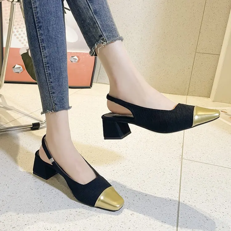 

Туфли женские на блочном каблуке, роскошные сандалии, без застежки, лоферы, дышащие, с острым носком, эластичная резинка, бежевые, весна-лето