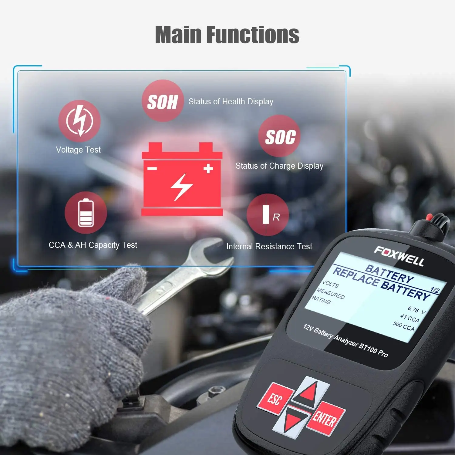 Тестер автомобильных аккумуляторов FOXWELL BT100 Pro 12 В 1100CCA |