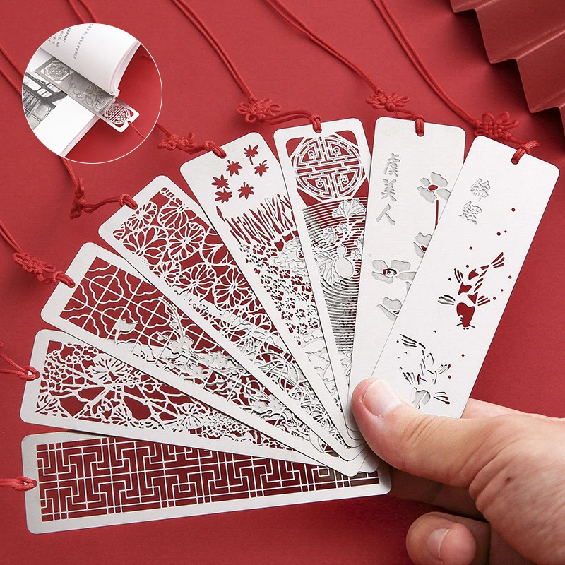 

Chinese Style Bookmarks Creative Metal Hollow Out Metal Book Mark With Red Knot For Kids Students Gifts School Office Supplies
