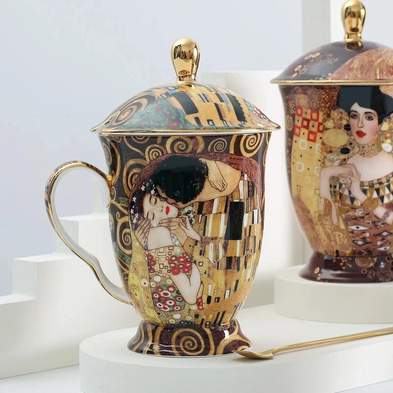 

Coffee Mug with Lid and Spoon Bone China Ancient Klimt Painting Tea Cups with Lid Luxury Gift