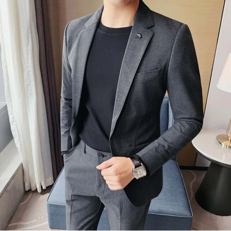 

(Jacket+Pants) Fashion Men's Pure color leisure Suits Gray Blue black Slim Fit Men Business Banquet Suit Set Plus size S- 4XL