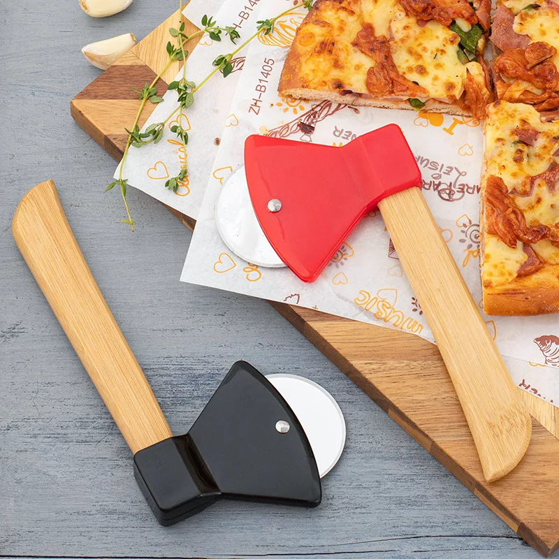 

Creative Axe Shape Bamboo Eco Handle Pizza Cutter Wheel Wooden and Stainless Steel Slicer Home Kitchen Baking Cutting Tool