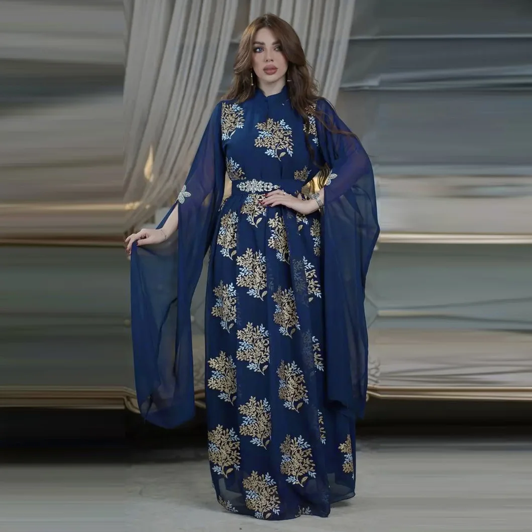 

Evening Kaftan Arabian Long Dress Women Billowing Split Sleeves Diamonds Belt Abaya Muslim Dubai Saudi Jalabiya Party Abayas