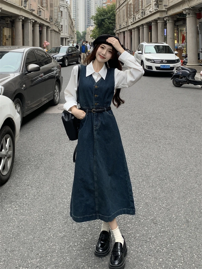 

2023 Korean Retro Buttons Up Denim Belt Dress New Style Waist Slim Dresses Two-Pieces Set Female