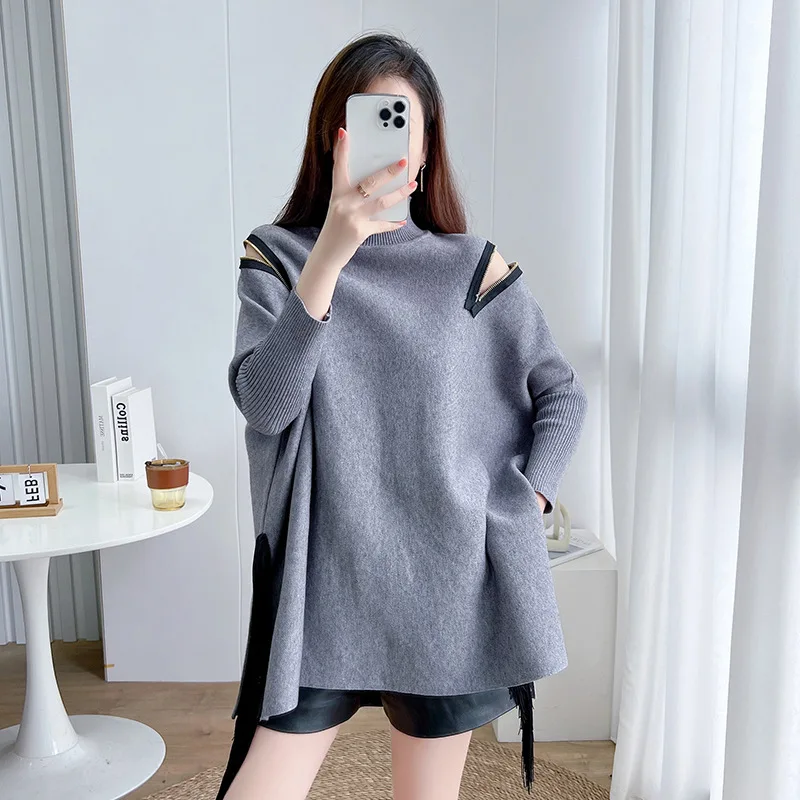 

SuperAen New Fashion Off-the-shoulder Cape Shawl Autumn and Winter Ladies Oversize Tassel Zipper Knitted Pullover