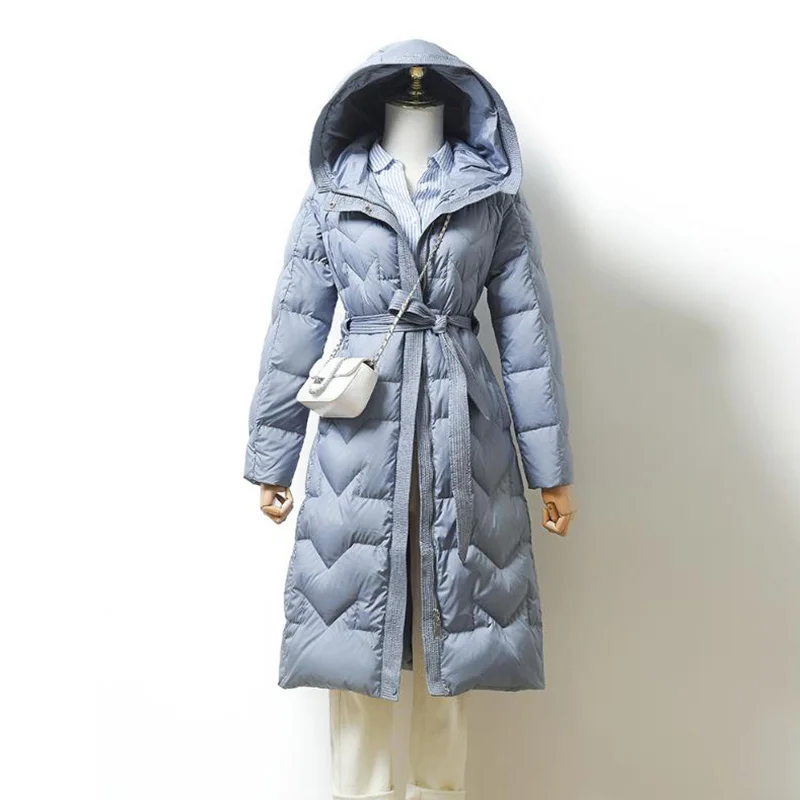 Winter Long Tunic Duck Down Jackets Women Ultra Light Thin Coat With Belt Autumn Casual Slim Parkas ED1737