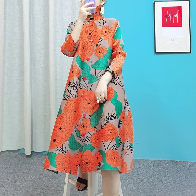 

Женское плиссированное платье миаке, платье-трапеция до колен с отложным воротником и принтом в китайском стиле, весна 2022