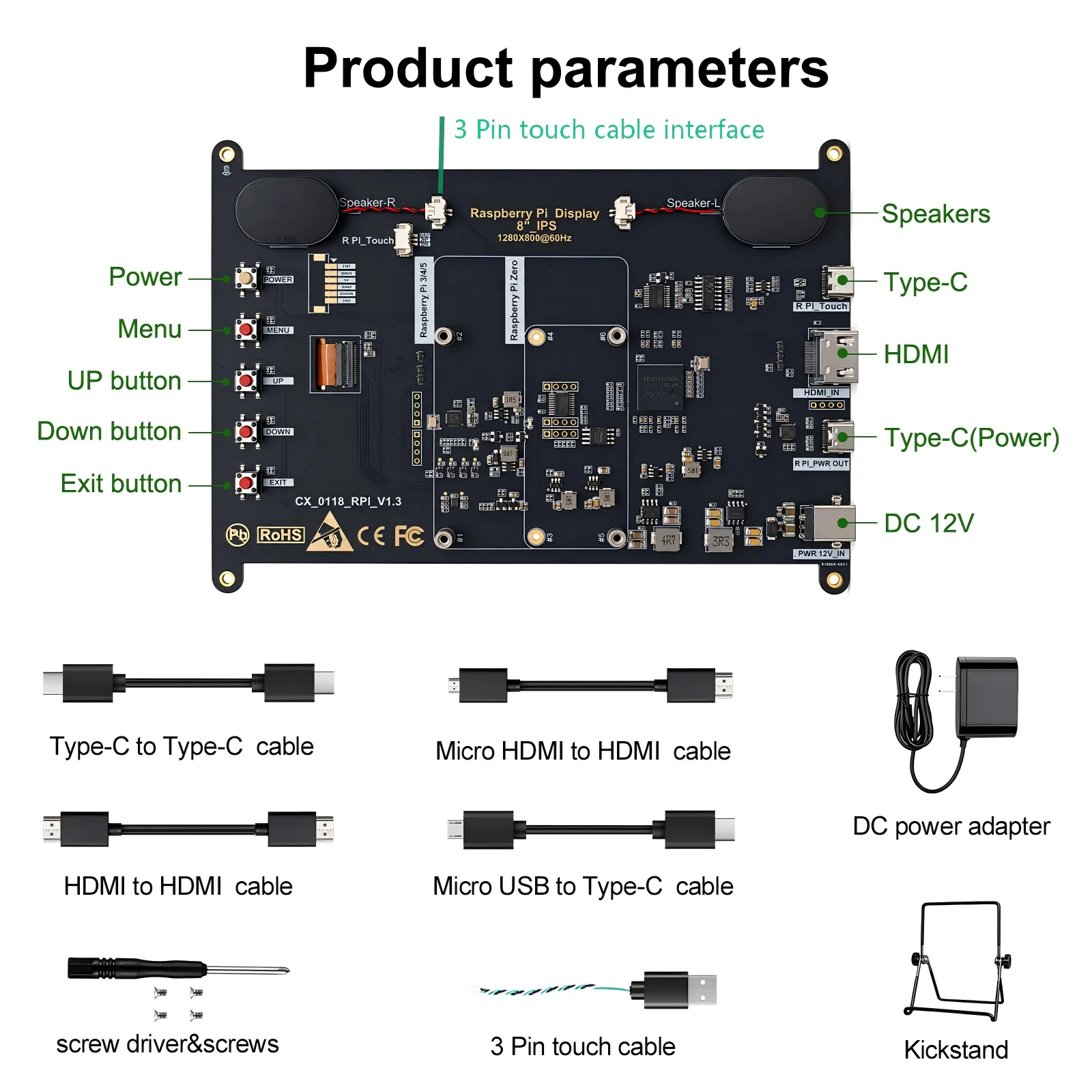 Фото 8-дюймовый сенсорный IPS-монитор с экраном 1280×800 для Raspberry Pi 5/4/3, встроенные динамики, HDMI Type-C №4