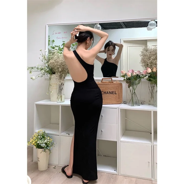 

women's retro style open back slit dress