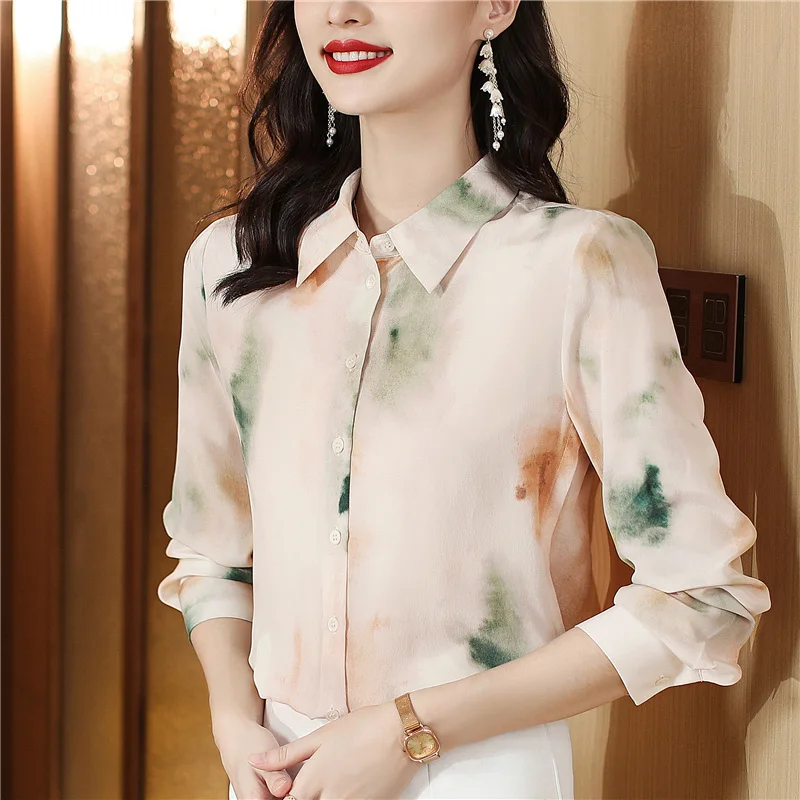 

Gradient silk shirt women's design spring and autumn new long-sleeved ink artistic shirts polo-neck office lady casual blouses