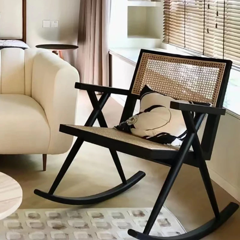 

Retro rocking chair balcony home leisure rattan chair simple modern solid wood lazy easy chair lounge chair.