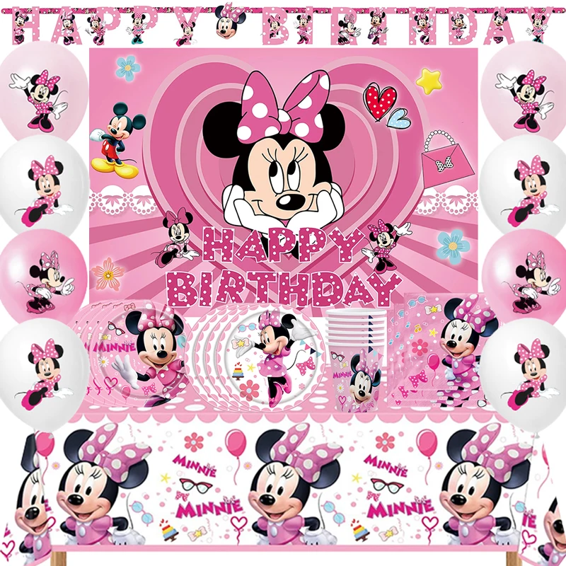 

Minnie Mouse Birthday Party Supplies Include Cup Plate Napkin Tableclorh Balloon Banner Cake Topper for Kid Girl Baby Shower