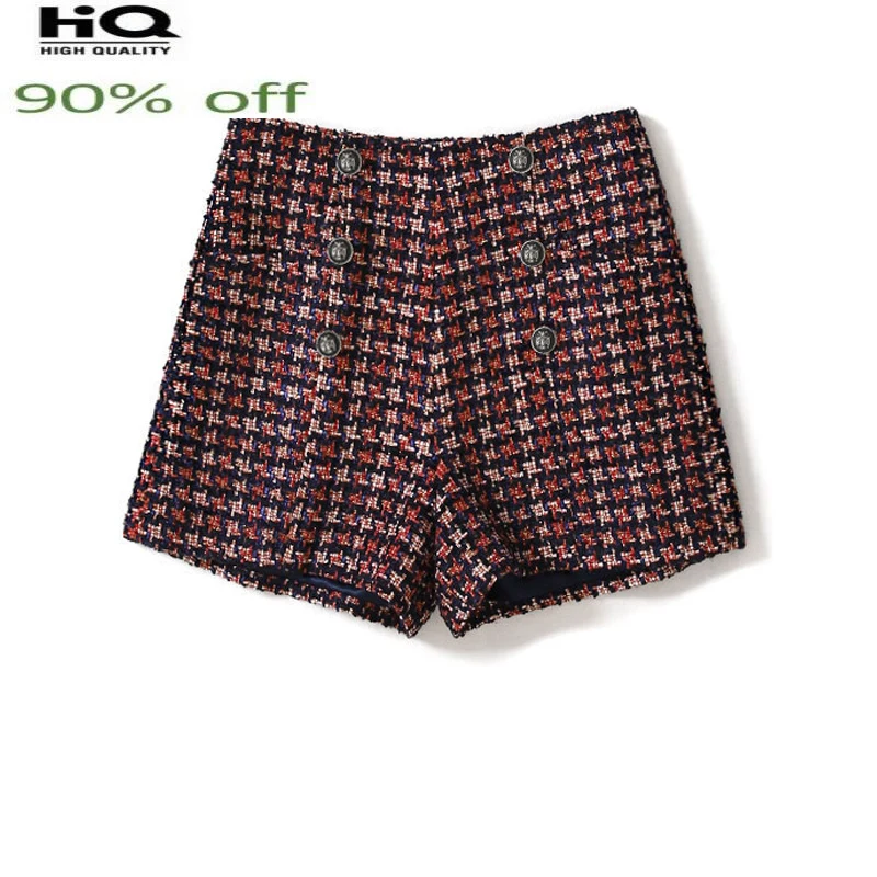 

plaid Red tweed spring / autumn women's woven high waist wear boots shorts