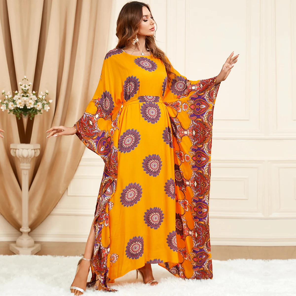 BNSQ Summer Bat Sleeve Muslim Dress For Women Abaya Floral Pattern With Belt Moroccan Turkey African Caftan