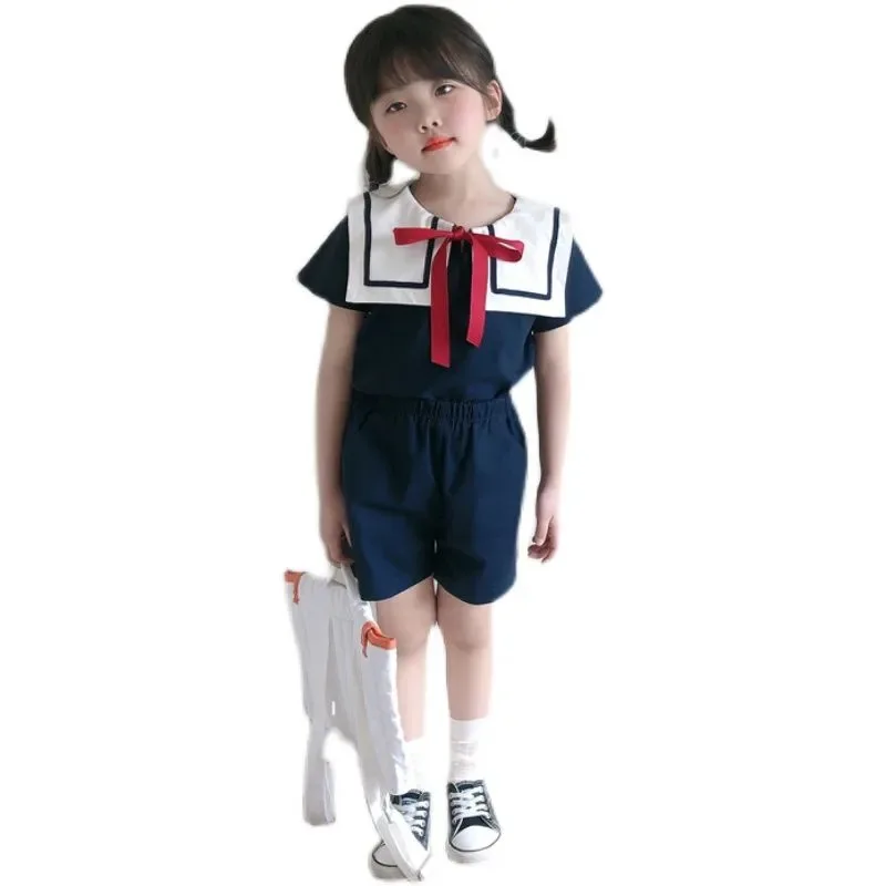 Freely Move Japanese Korean Kids Sailor Collar Cotton Linen Bowknot T Shirt+Short Pants 2pcs Summer Clothes Set Boys Girls Suit