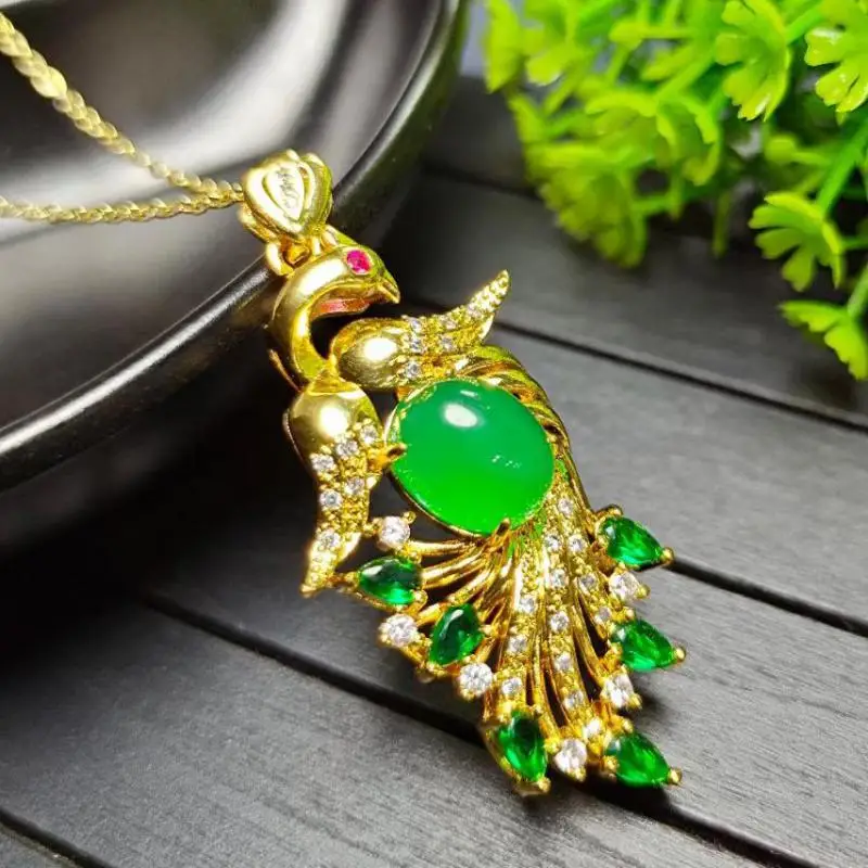 

Natural Green Jade Peacock Pendant Necklace Women Charms Jewellery Accessories Certified Jades stone Chrysoprase Amulet Gifts