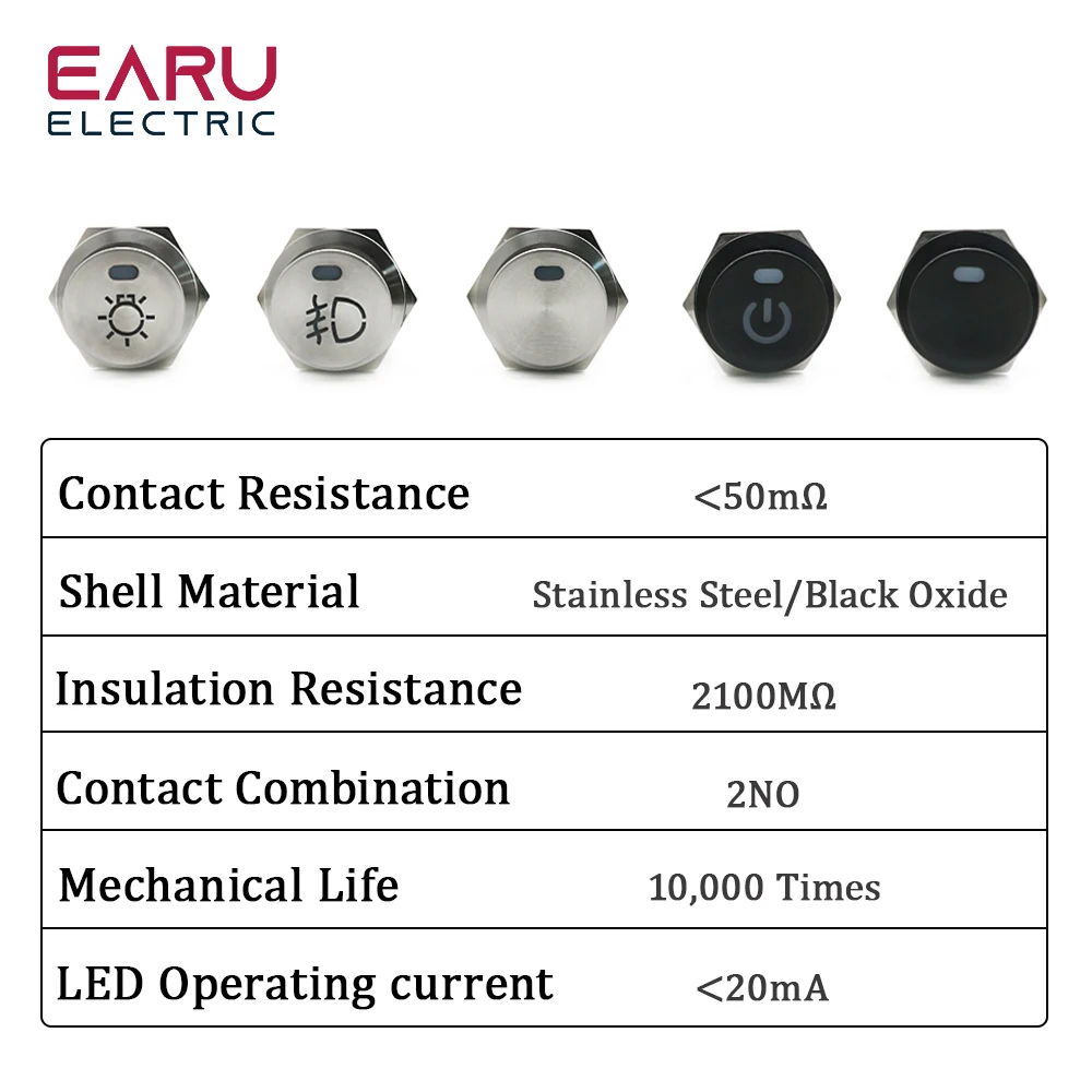 22mm 2NO Metal Button Rocker Switch Stainless Steel 15A 12V Self-locking Two Positions Car Toggle Switches 250V 16A 4 Pins Red