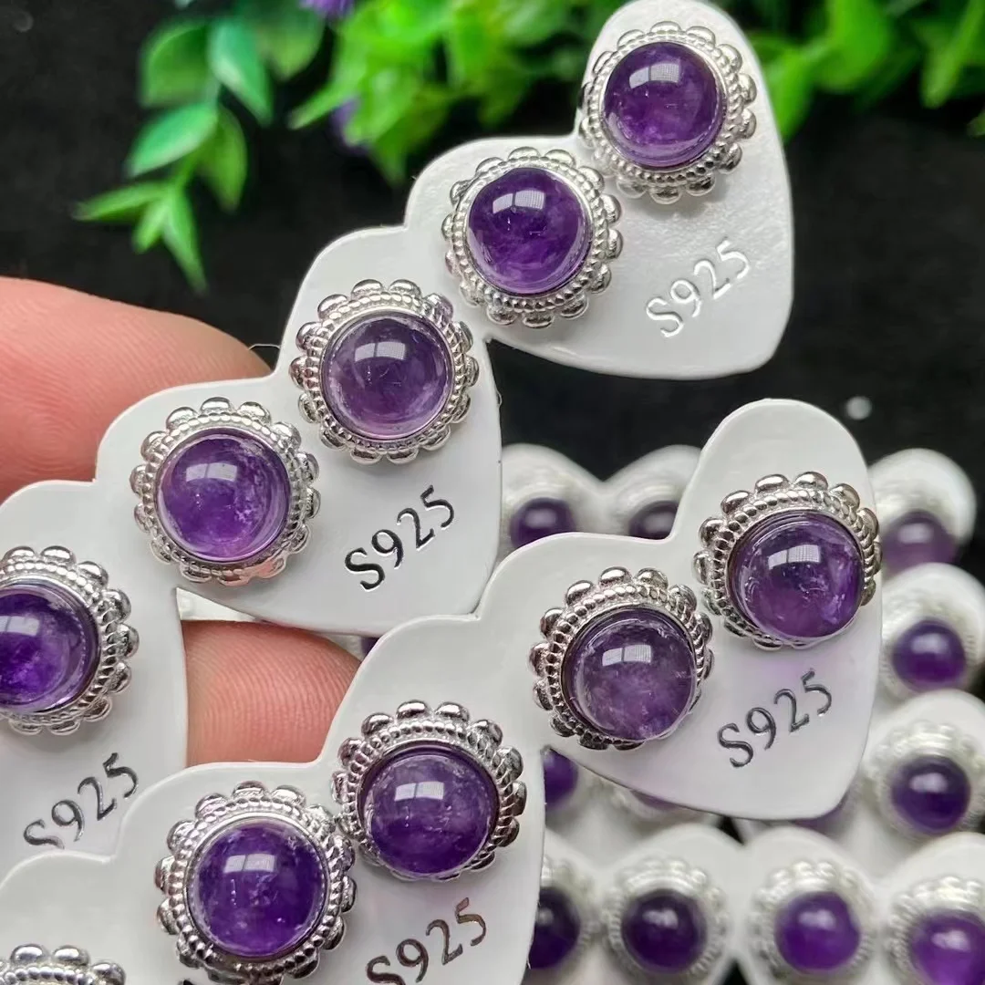 10 Pairs Luxury Natural Amethyst Round Flower Stud Earrings For Women Fashion 925 Silver Gemstone Earrings Party Jewelry Gifts