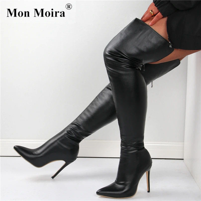 

MONMOIRA Matte Patent Pointed Toe Thigh High Heel Boots Women 2022 Winter Trendy Zip Over The Knee Ladies Party Stripper Shoes