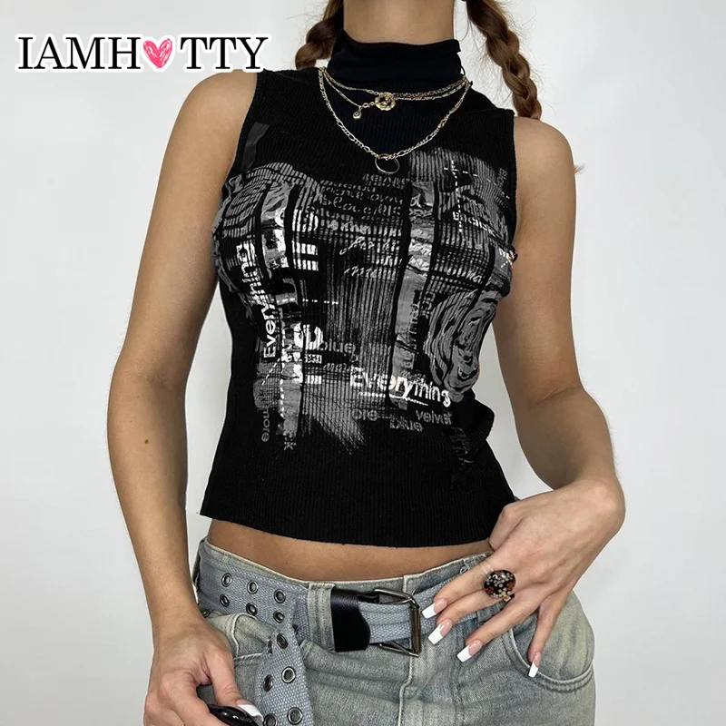 

IAMHOTTY Futuristic Printed Turtleneck Tank Top Gothic Punk Style Sleeveless Crop Tops Sexy Vintage Grunge Y2K Camis Design Vest