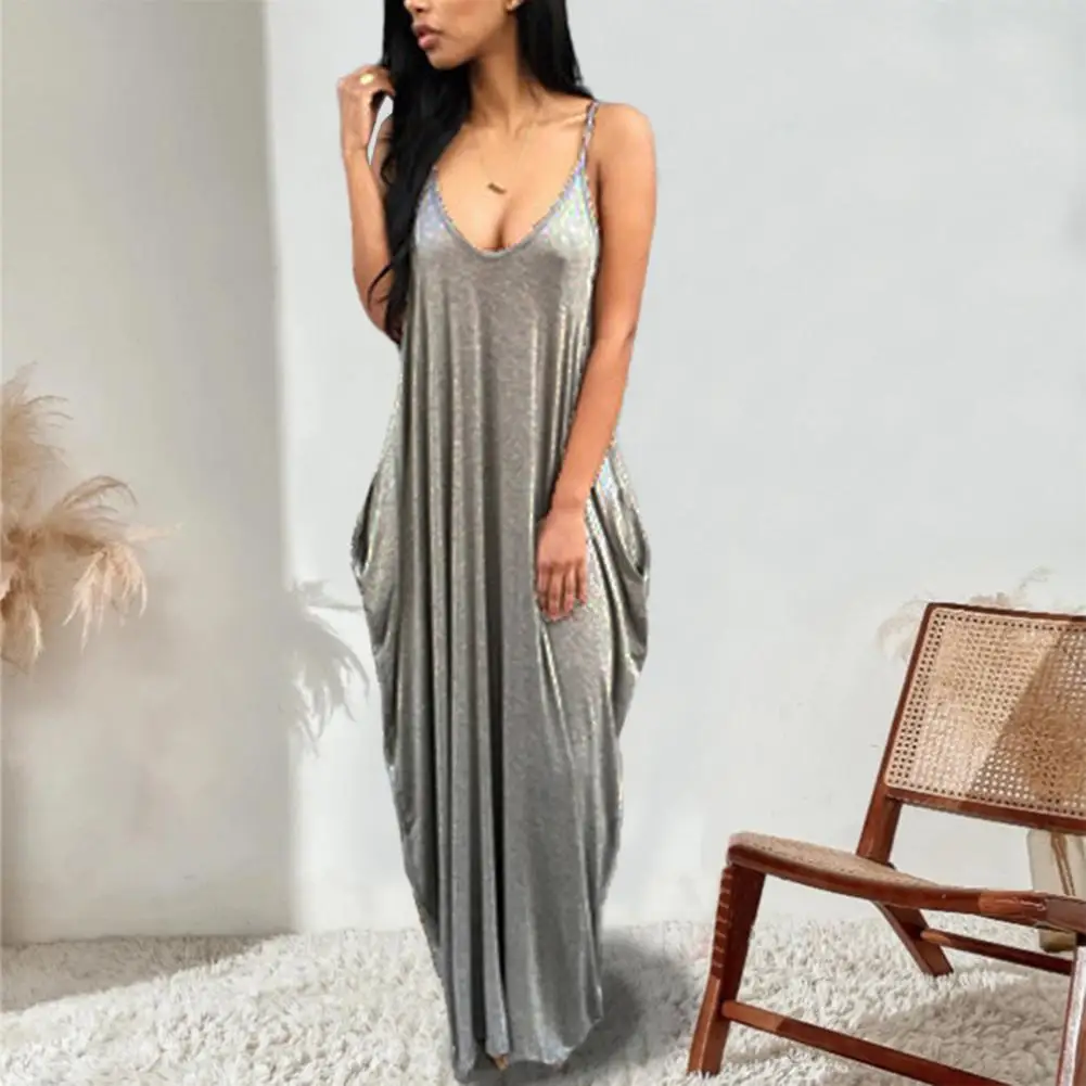 

Spaghetti Straps Backless Draped Side Pockets Long Dress Deep V-Neck Sleeveless Loose Casual Beach Sundress Female Clothing