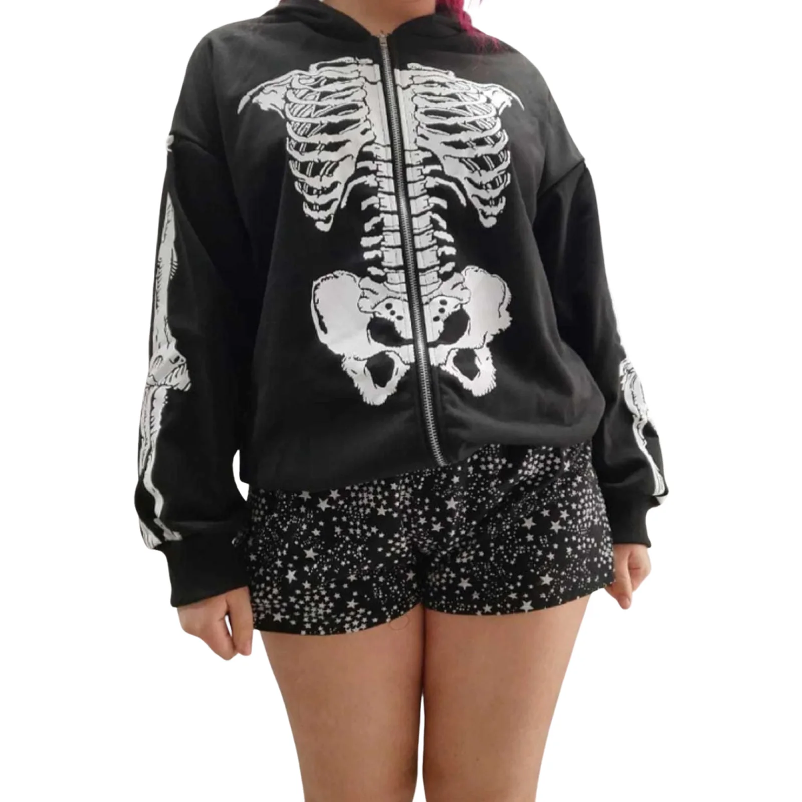 

Women Fashion Hooded Coats Long Sleeve Skeleton Pattern Elastic Cuff Sports Loose Jackets Streetwear Harajuku Sweatshirts