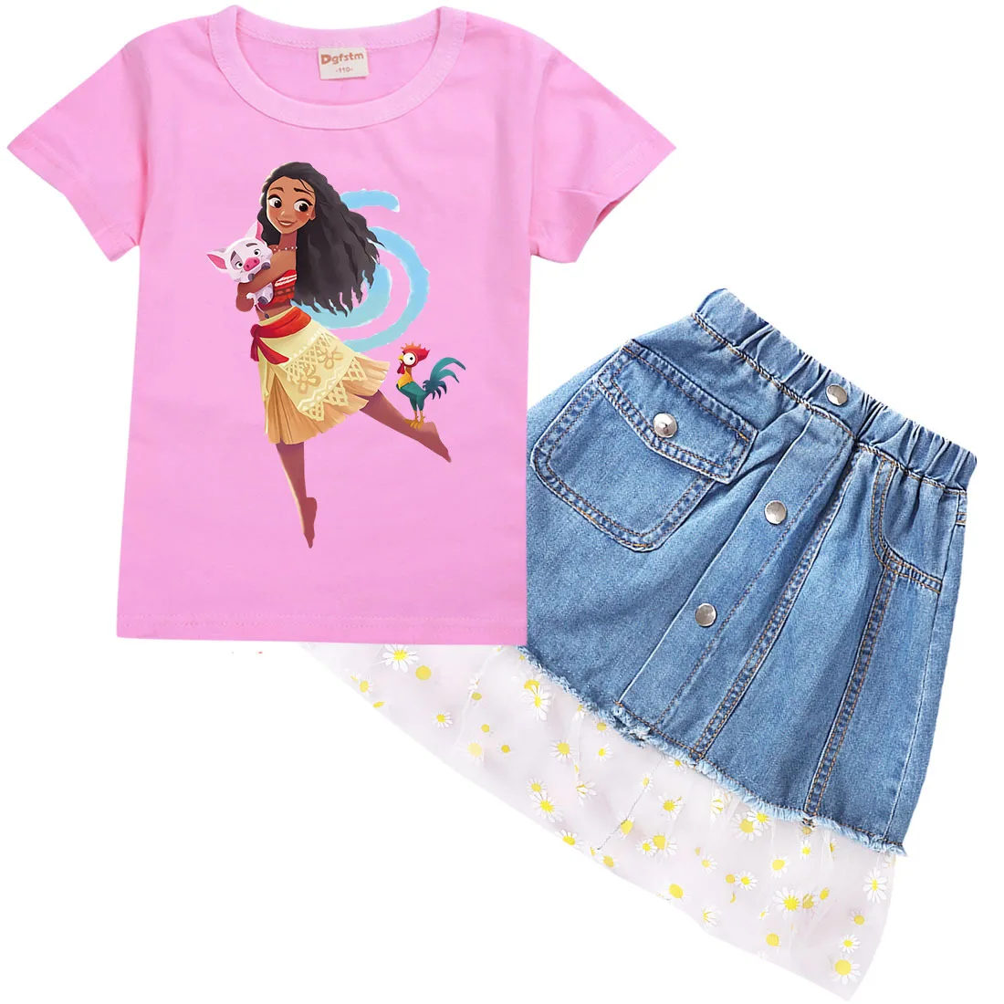 

2022 Newest Summer Moana Costume Kids Vaiana Clothes Baby Girl Short Sleeve T Shirt+Denim Skirt 2pcs Sets Girls Boutique Outfits