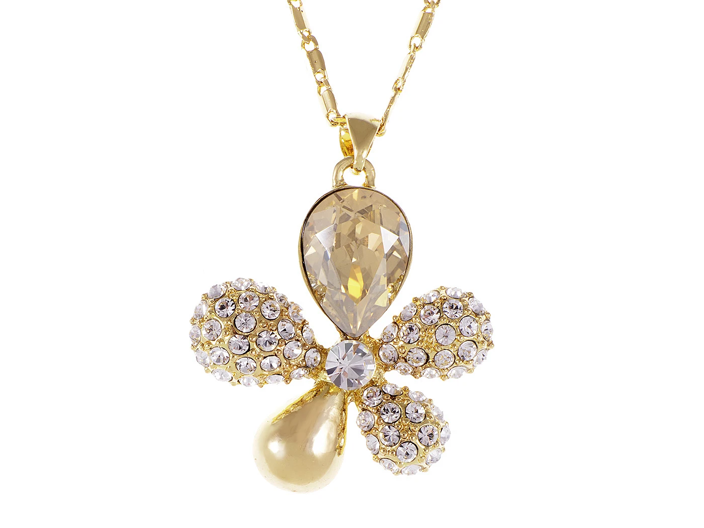 

Golden Topaz Clear Crystal Rhinestone Flower Petal Pendent Necklace