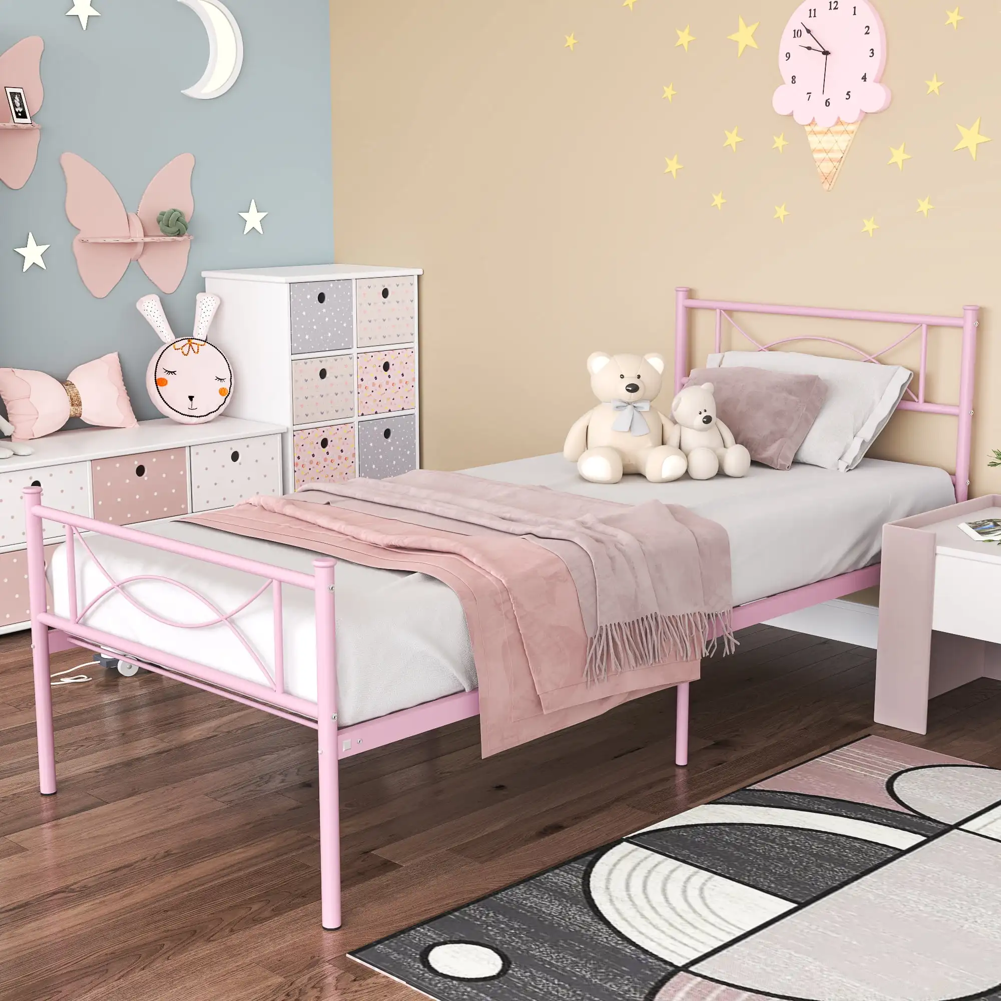 For Girls Single Bed Frame Mattress Foundation With Headboard & Footboard For Kids,pink