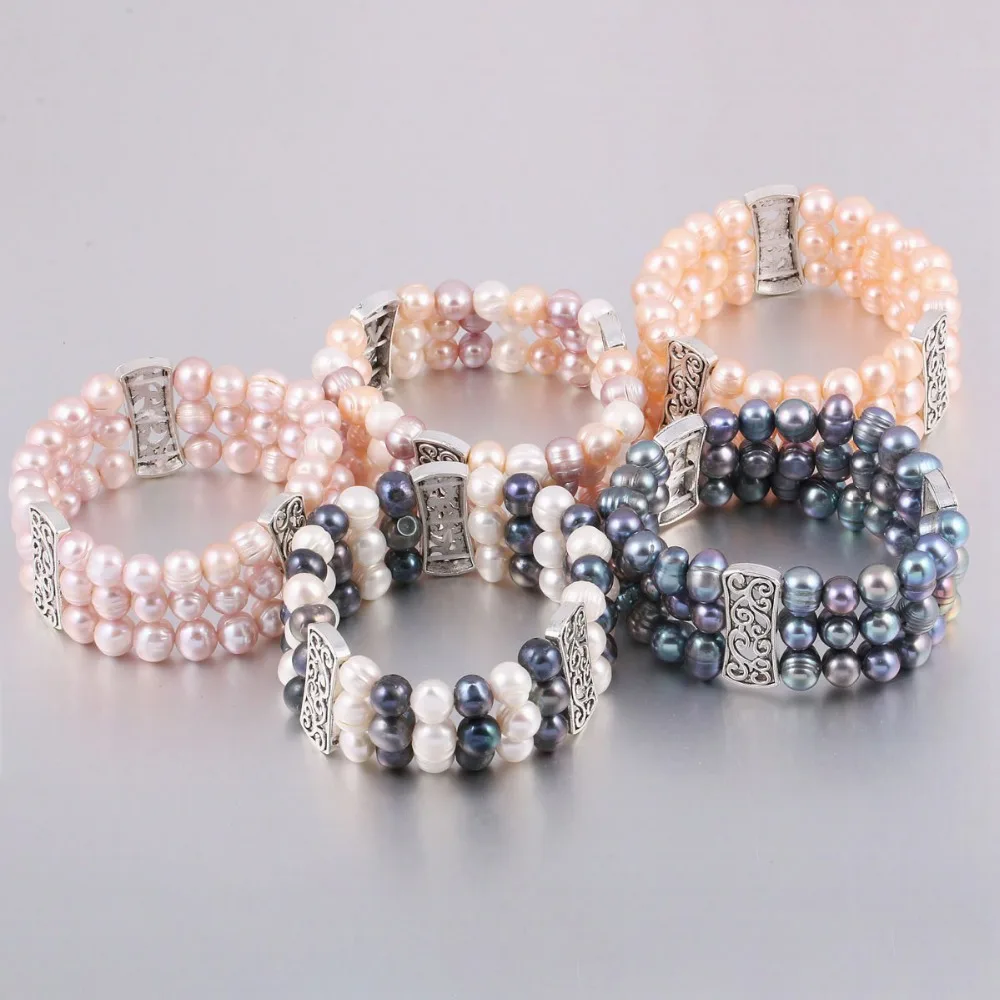 

100% Natural Freshwater 8-9 mm Pearl Bracelets for Women as Jewelry Gift Multi Color 3 Layers Bangles