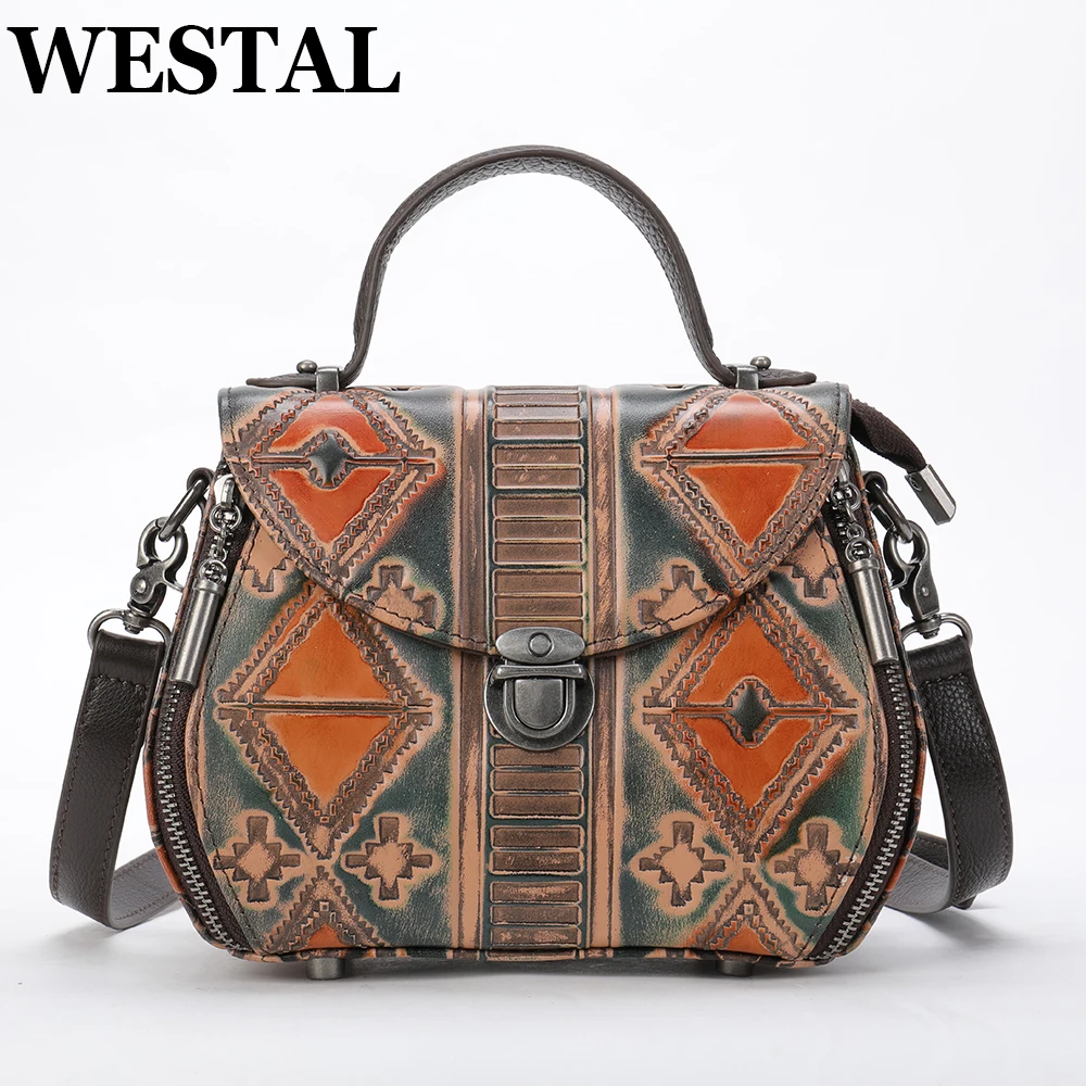 WESTAL Women's Handbags Cowhide Leather Shoulder Bags Patchwork Messenger Crossbody Bags Embroidery Vintage Top-Handle Bags Tote