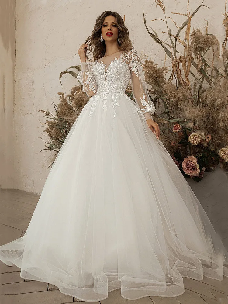 

Elegant V Neck Wedding Dresses 2022 Lace Appliques Puff Long Sleeves Princess Ball Gown Sweep Train Vestido De Novia