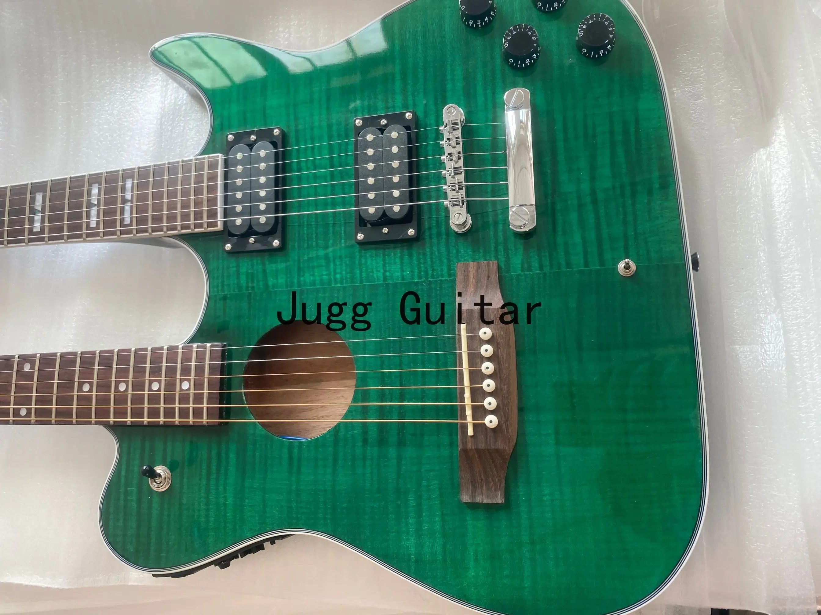 

1958 Slash Crossroads Double Neck Acoustic Guitars Green Flame Maple Top Electric Guitar China EQ, Dark Black Back