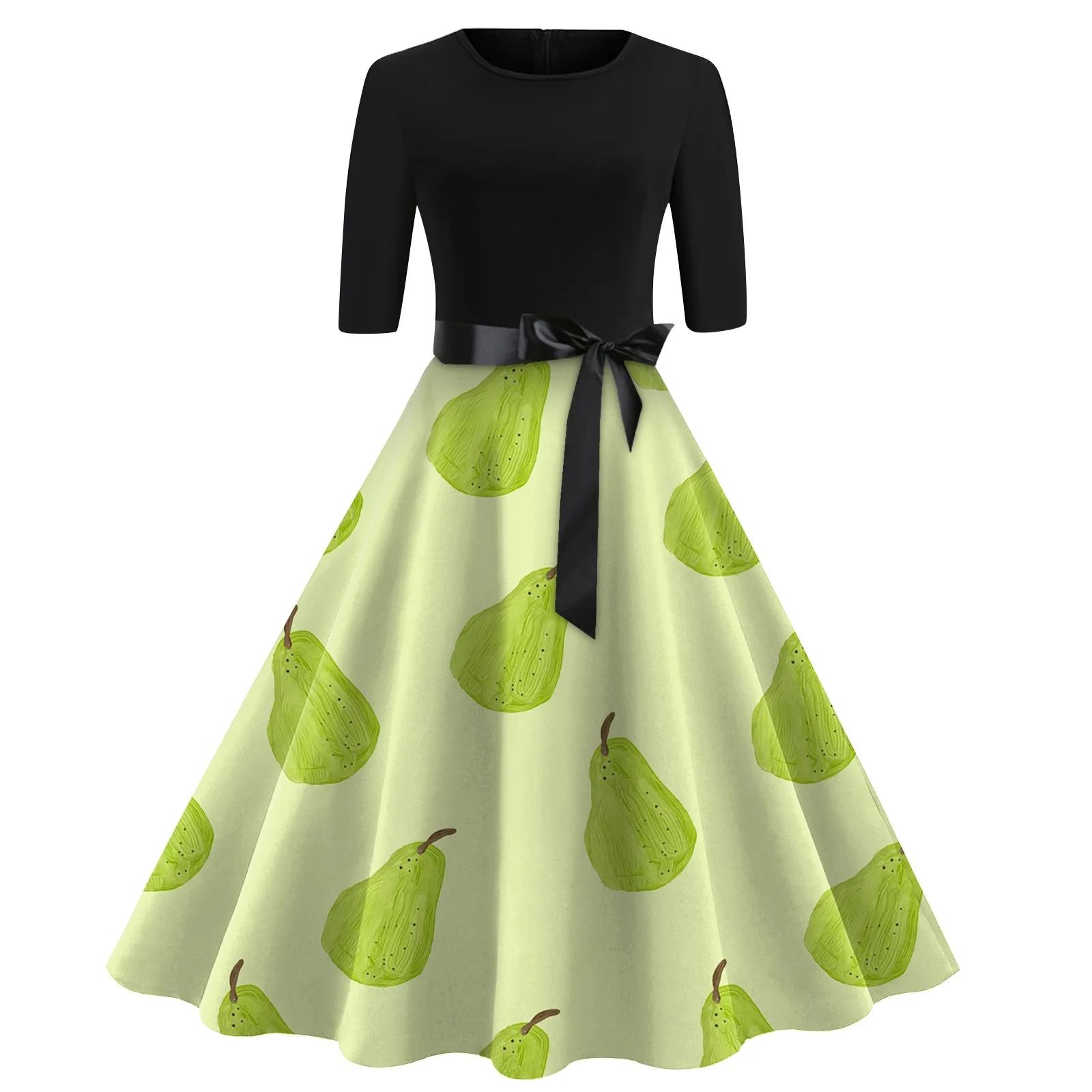 

Женское длинное платье с поясом, Элегантное повседневное платье с круглым вырезом и принтом фруктов, с рукавом 2023, лето 3/4